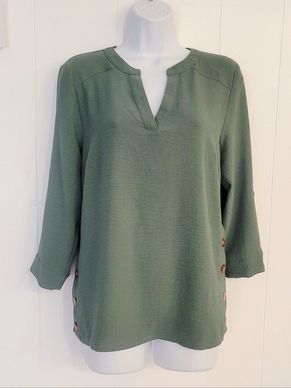 Women's Olive Split V-Neck Button Side Blouse